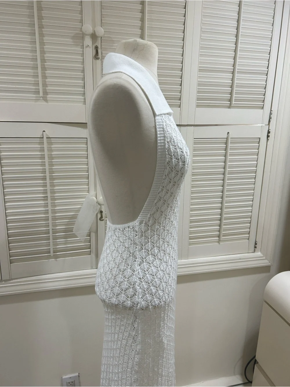 New White Crochet Fringe Maxi Dress Cover up with Collared V-Neck